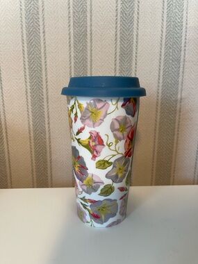 MacKenzie-Childs Morning Glory travel ceramic tumbler floral pattern 14oz